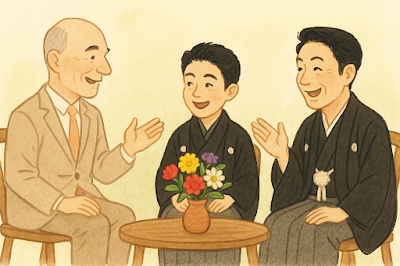 キャンベル氏と和やかに鼎談する菊五郎と菊之助