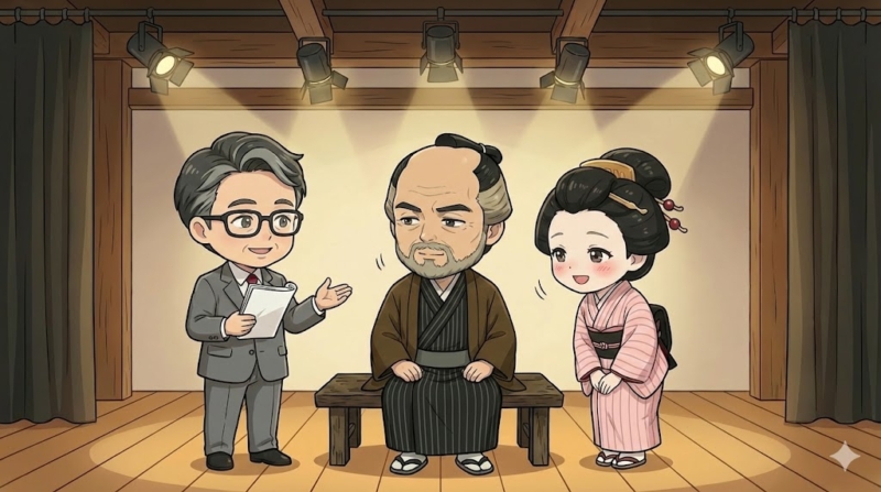 国宝ネタの打ち合わせをしている三谷、鴈治郎、莟玉の三人